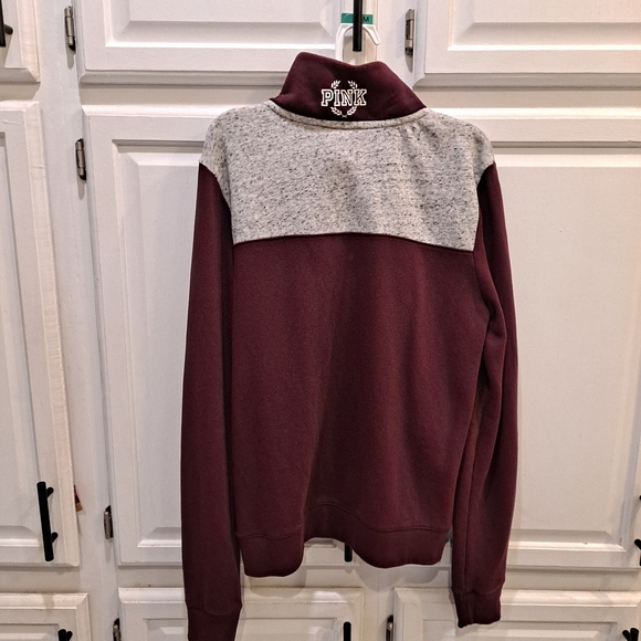 PINK Victoria's Secret Maroon & Gray Qtr Zip-Up Sweatshirt W/Kangaroo Pocket - Picture 6 of 8